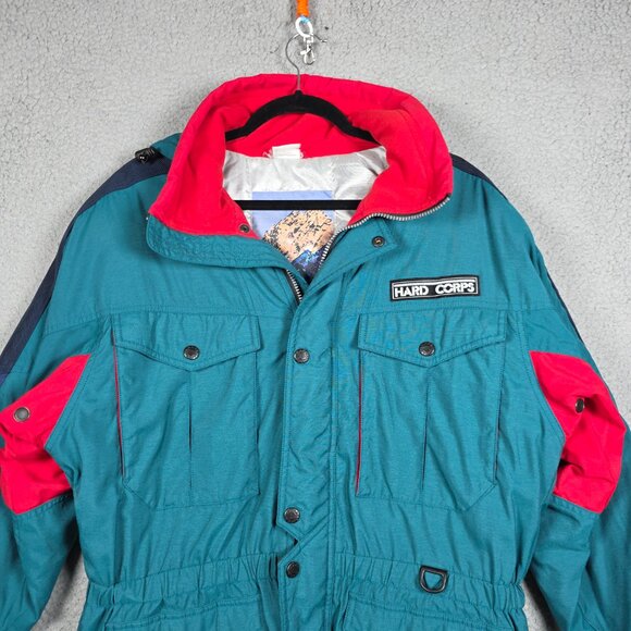 Vintage Hard Corps Ski Jacket Mens Medium Blue Green 90s Color Block Hooded - Picture 2 of 11